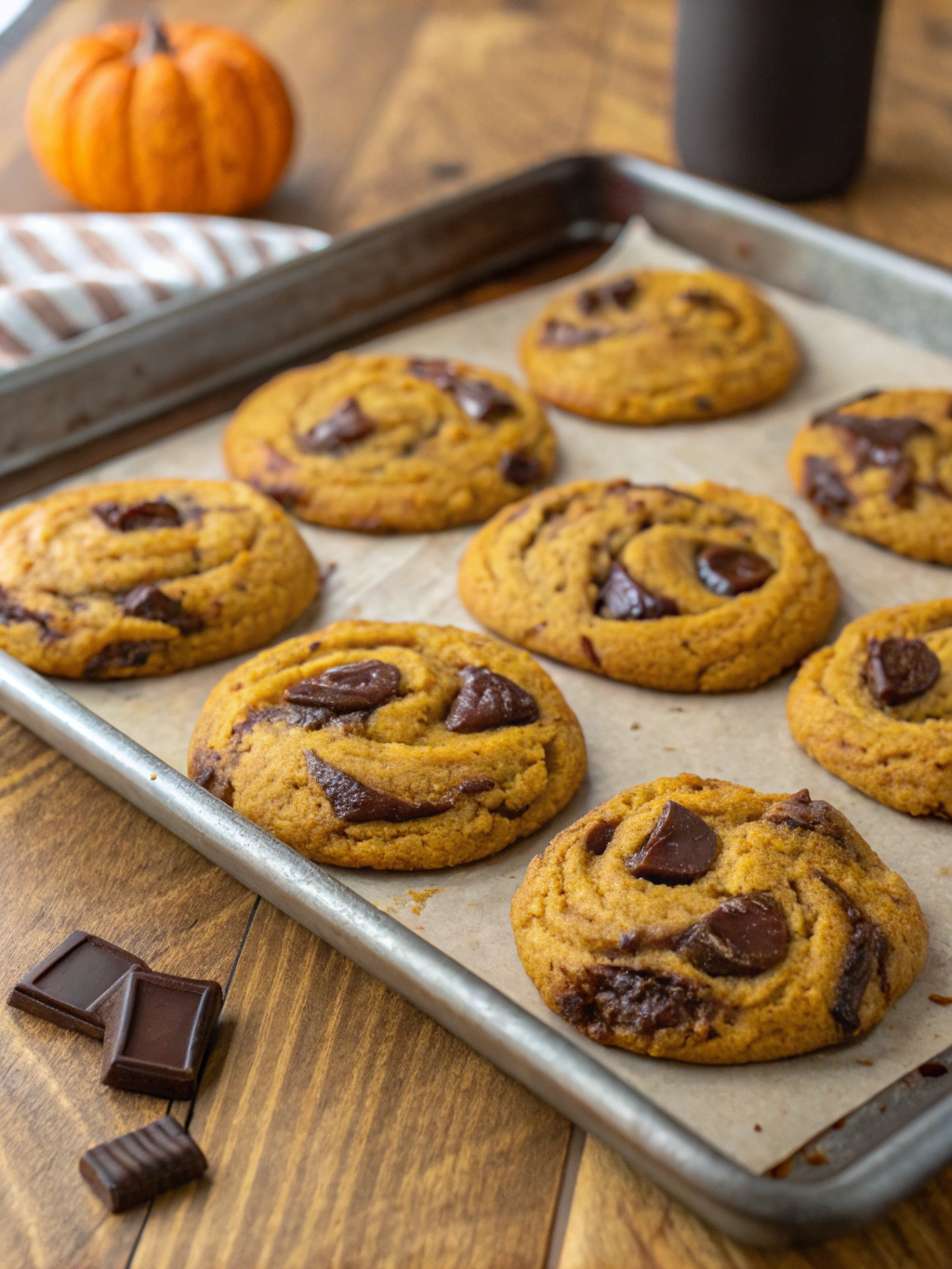 healthy and gooey pumpkin chocolate chunk cookies