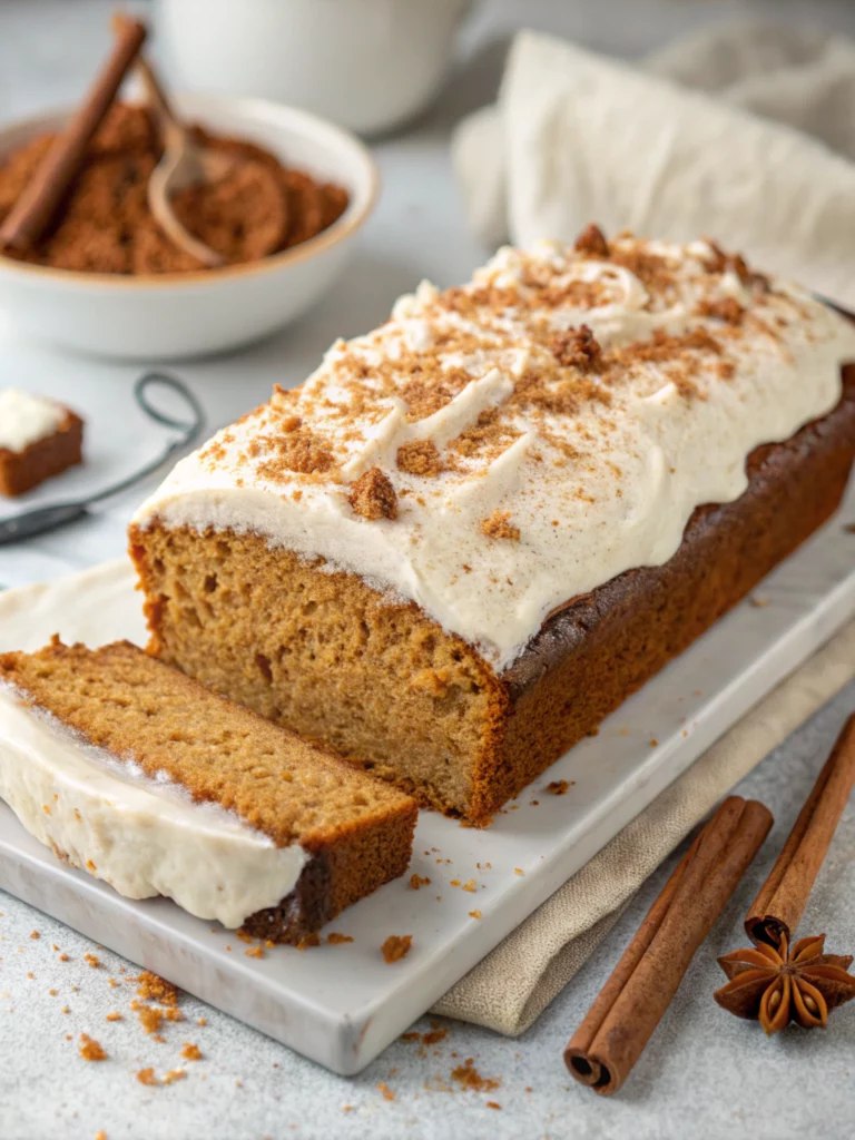 healthy gingerbread eggnog loaf with cream cheese frosting