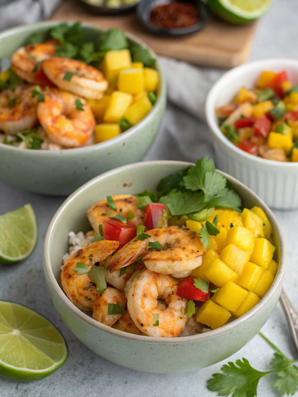 spicy caribbean shrimp bowls with mango salsa