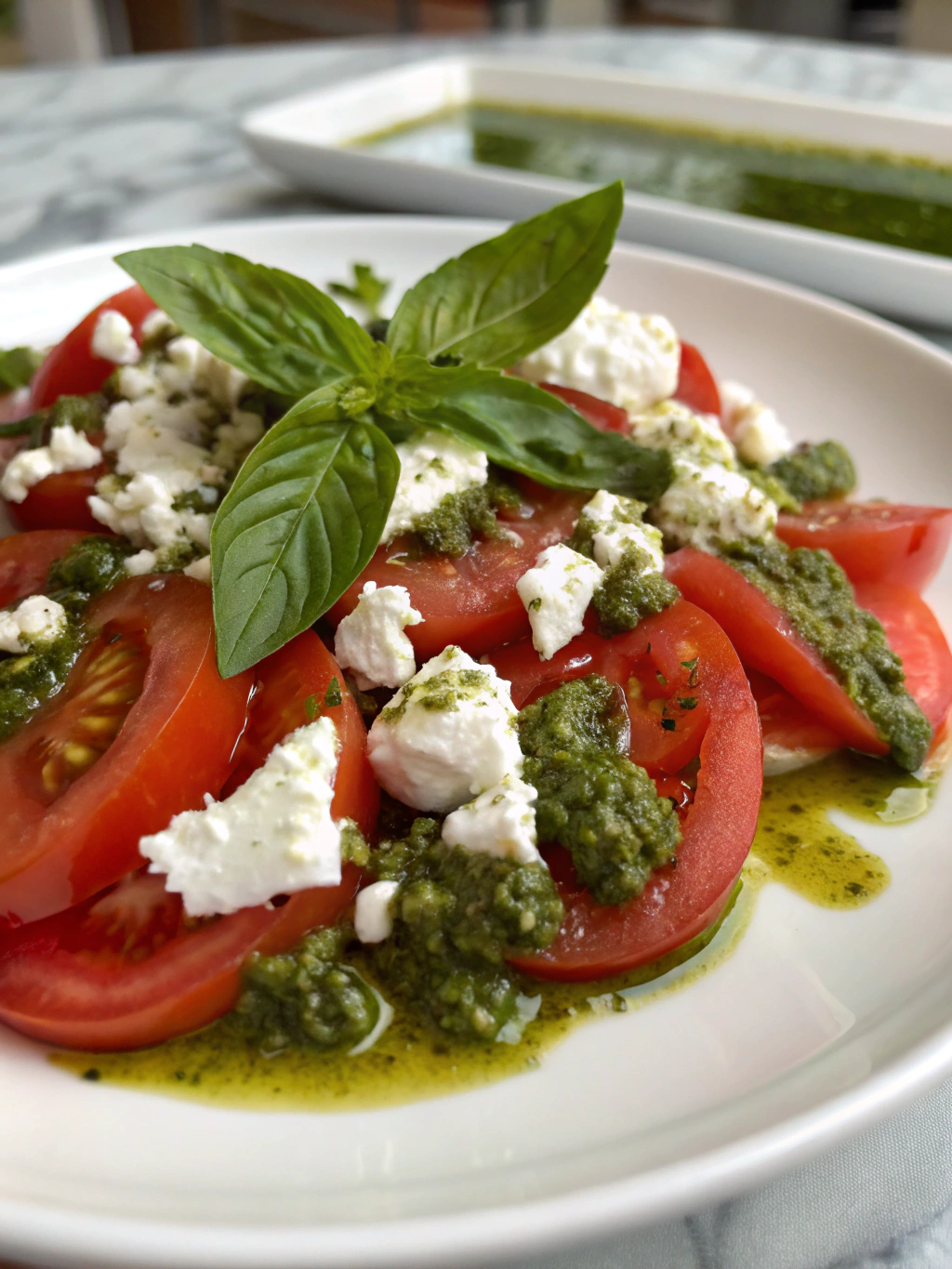 tomato feta salad with pesto vinaigrette