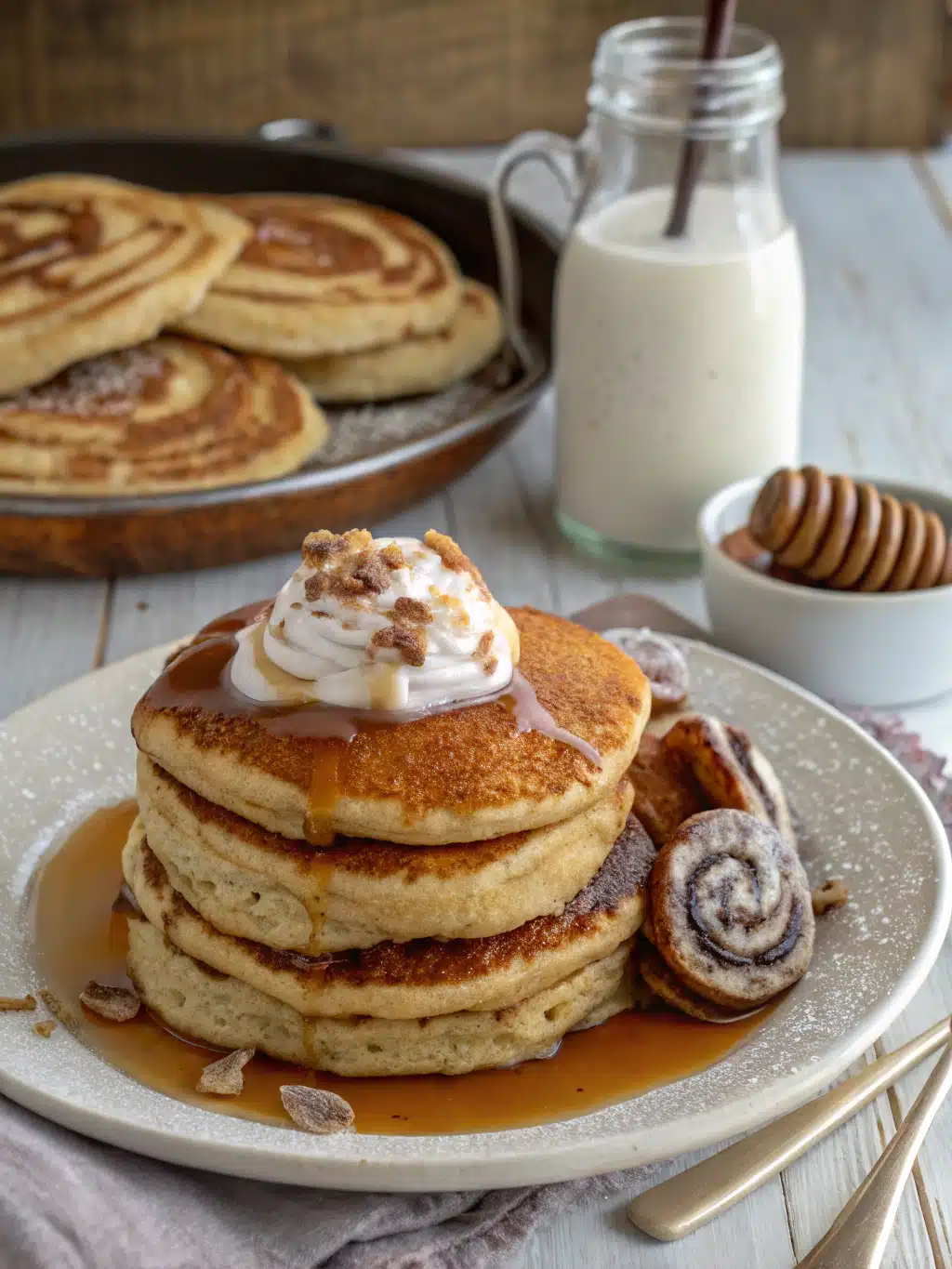 Image of ingredients for whole wheat pancakes with cinnamon roll syrup